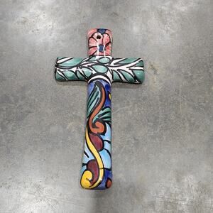 Hand Crafted Ceramic Wall Talavera Cross From Mexico Multicolored Amora